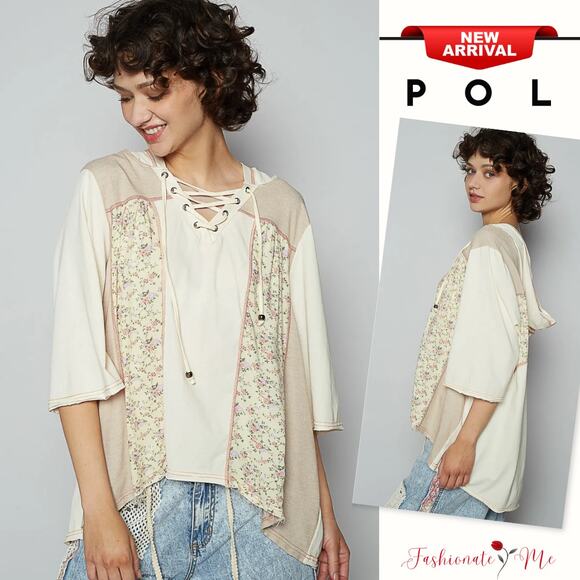 POL Lace-Up Vintage Floral Pattern Paisley Panel Details Hooded T-Shirt | Cream - Picture 1 of 4